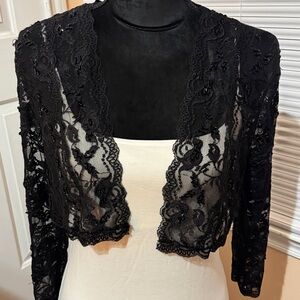 Marina Evening Collection Black Beaded Lace Bolero Shrug Sheer Formal Wrap L NWT